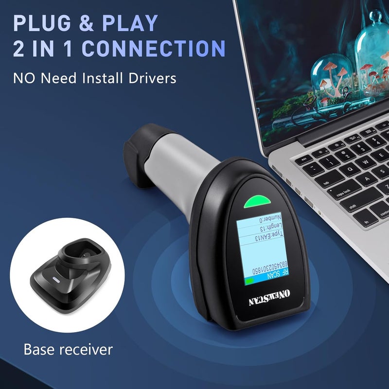 onewscan Barcode Scanner Wireless, 1D CCD Barcode Reader with Smart Base Stand 2.4G Wireless & USB Wired Connection Plug and Play Handheld Bar Code Scanners with Screen - Image 2
